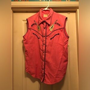 Rare Skully Pink Cadillac Western Sleeveless Shirt with Guitar Embroidery